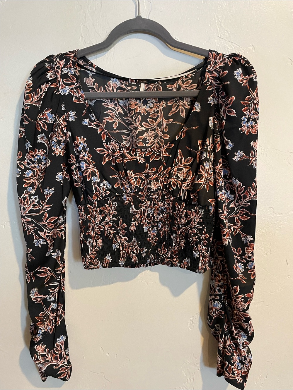 Free People Women’s Black Floral Smocked Long-Sleeve Crop Top